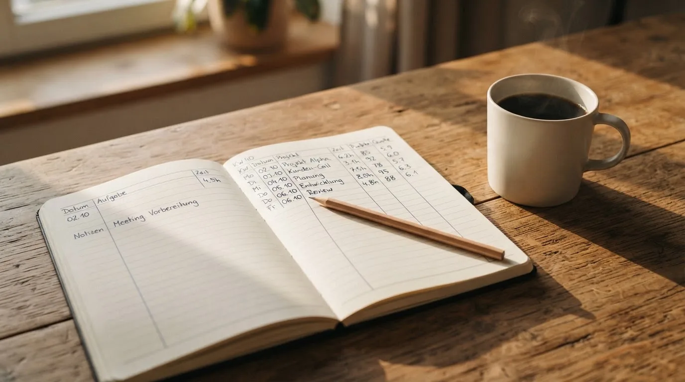 Ein aufgeschlagenes Notizbuch mit handgeschriebenen Spalten und ein Bleistift neben einer Tasse Kaffee auf einem Holztisch am Morgen