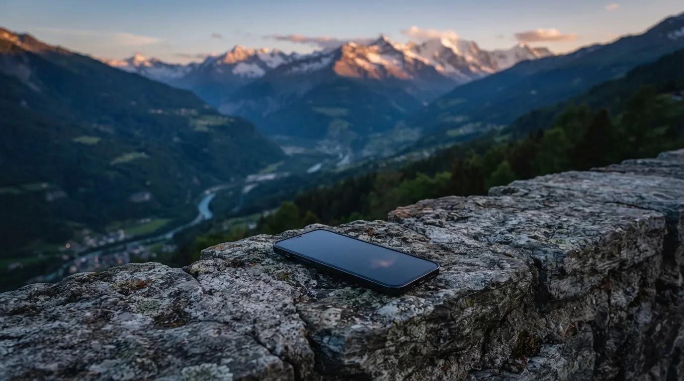 Ein Smartphone mit dunklem Display liegt auf einer Steinmauer, dahinter ein Alpental im Abendlicht