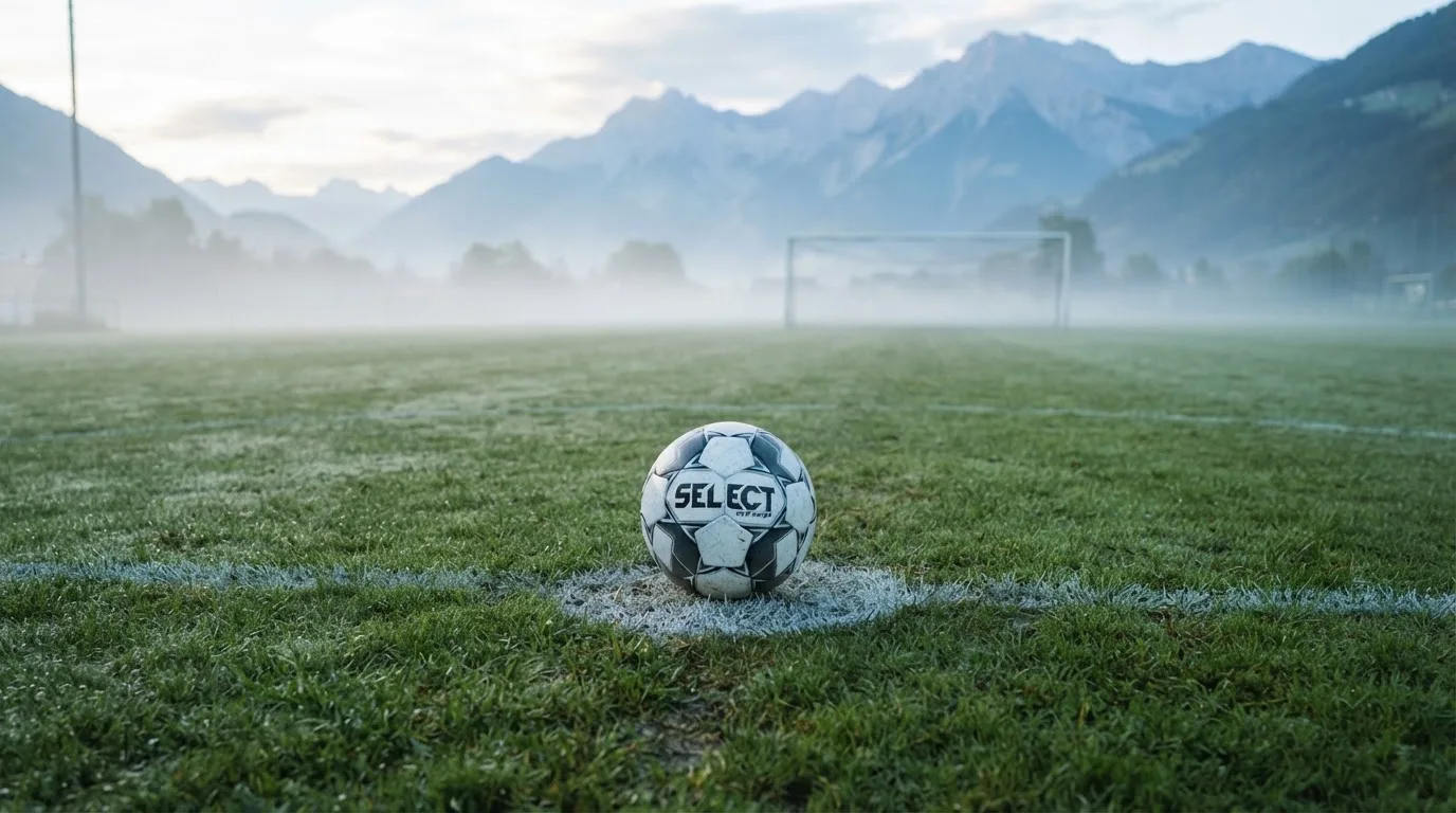 Ein einzelner Fussball auf dem Mittelpunkt eines leeren Rasens im Morgennebel, hinter dem Tor ragen Berge auf
