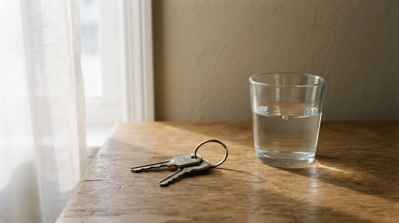 Ein Schlüsselbund und ein Glas Wasser stehen auf einem Holztisch im Licht eines Fensters