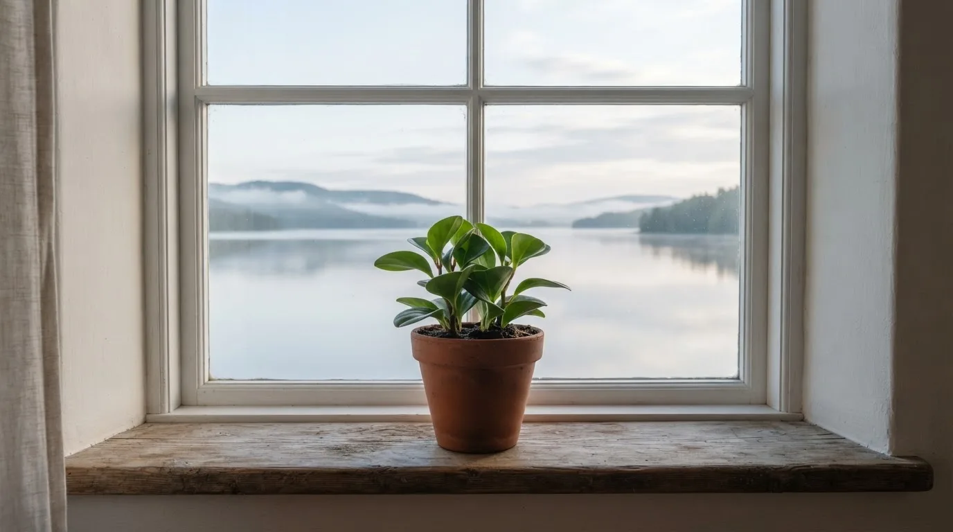 Eine Topfpflanze auf einem Fensterbrett mit weitem Blick über einen stillen See am Morgen