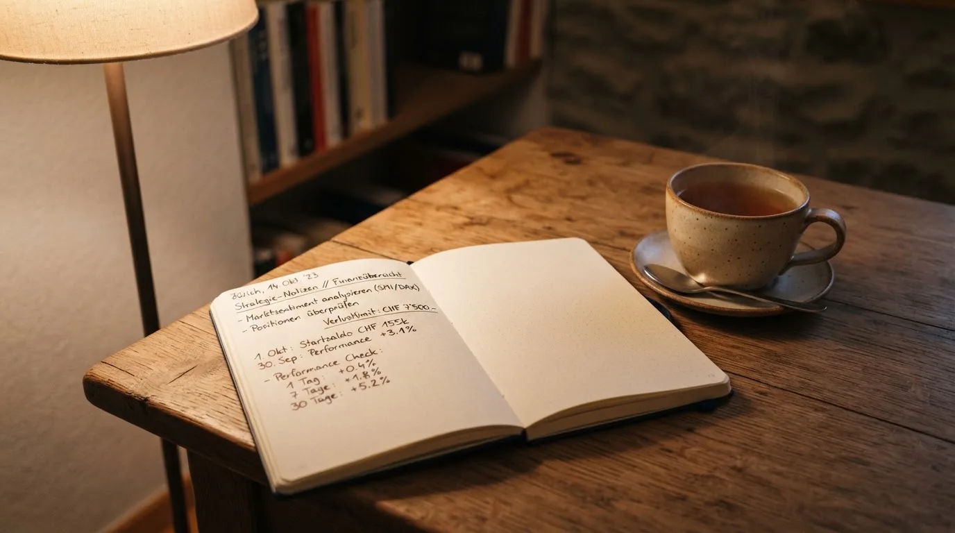 Ein Notizbuch mit handschriftlichen Einträgen und eine Tasse Tee stehen auf einem Tisch neben einer Stehlampe
