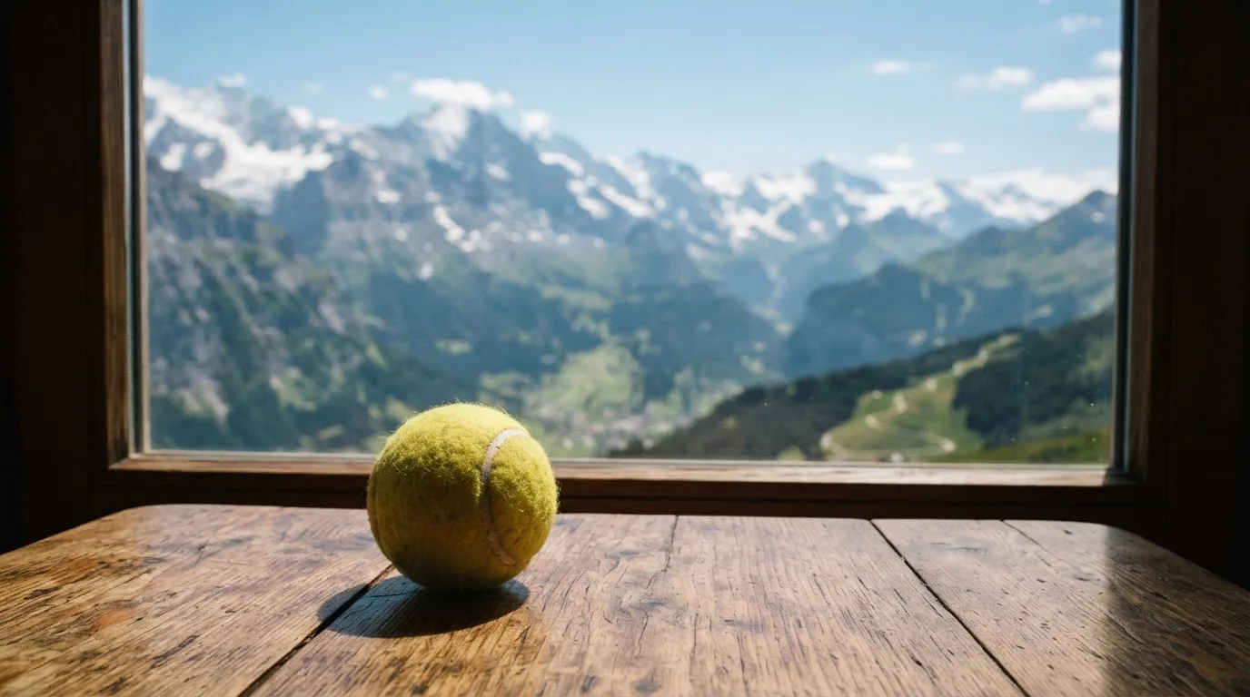 Ein einzelner gelber Tennisball liegt auf einem Holztisch vor einem Fenster mit Alpenblick