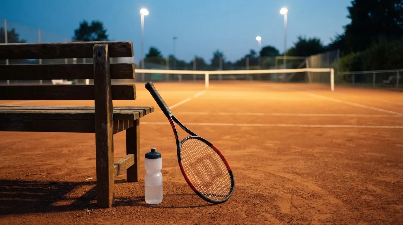 Ein Tennisschläger lehnt an einer Bank neben einer Wasserflasche, am Abend ruht der Platz im Flutlicht, aus der Ferne gesehen