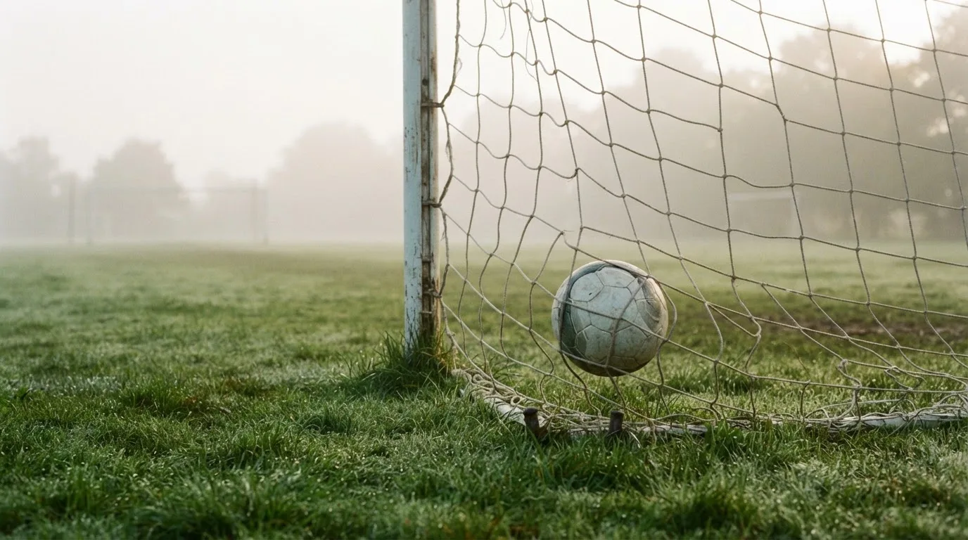 Ein Fussball liegt im Netz hinter einem Tor, weicher Morgennebel hängt über dem Rasen