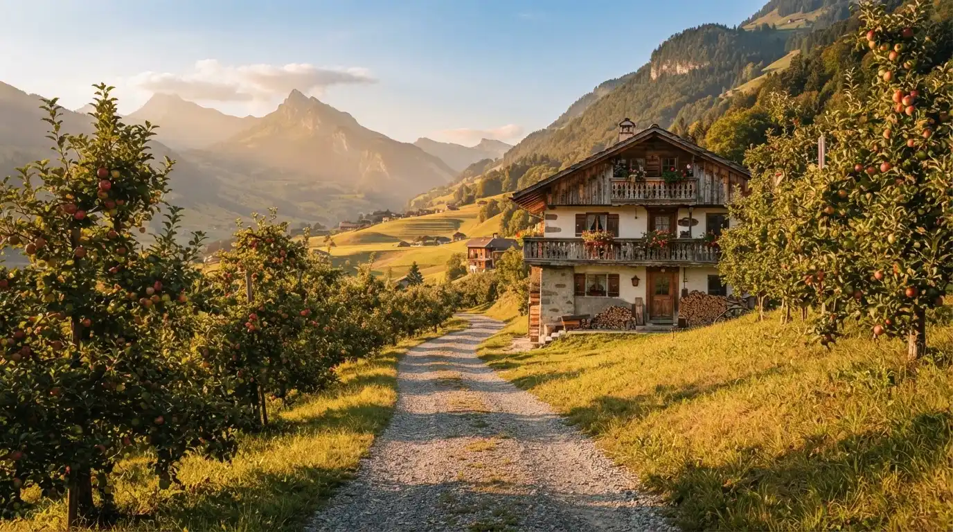 Ein Kiesweg führt durch einen Obstgarten zu einem Bauernhaus mit Holzbalkon, über dem Tal liegt Abendlicht