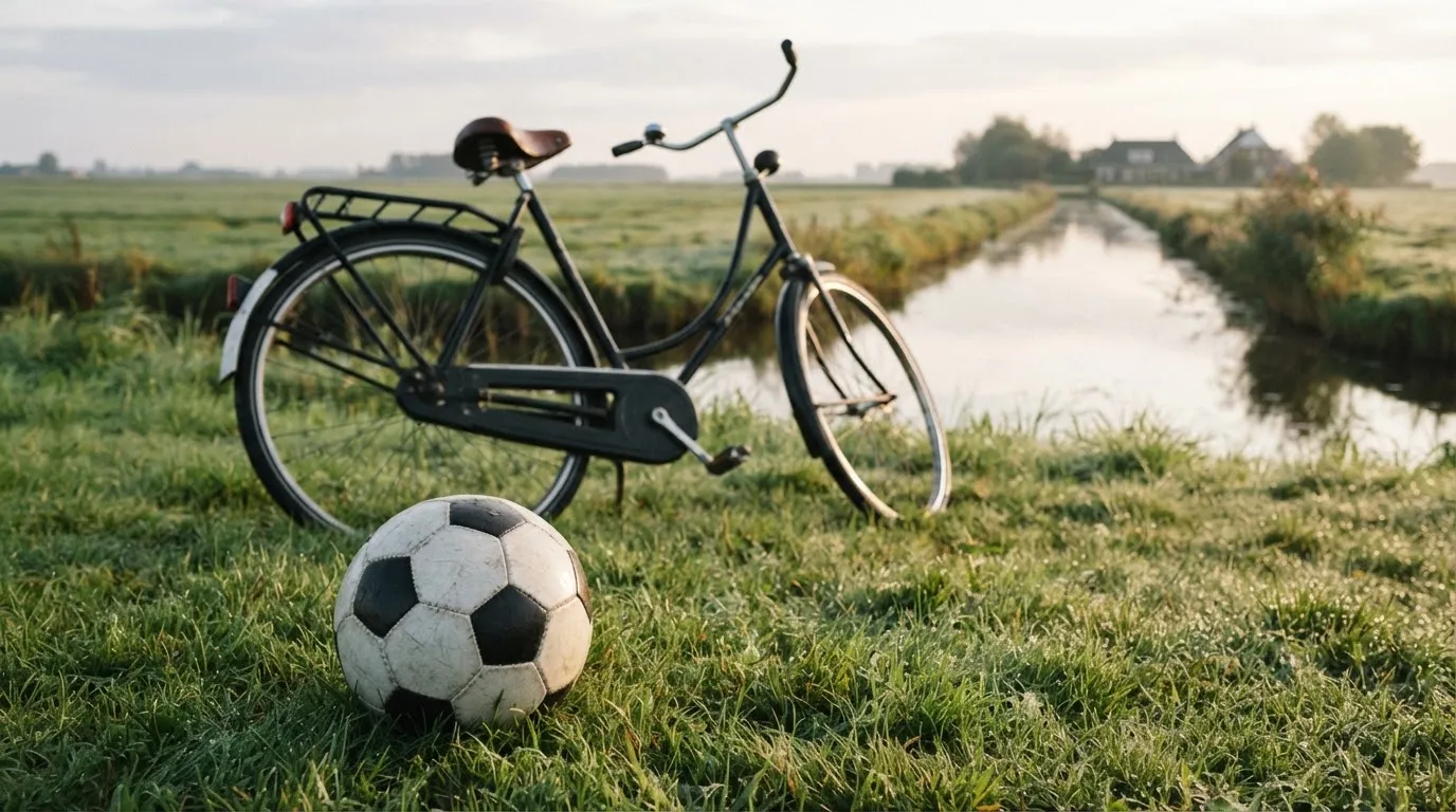 Ein Fussball liegt auf einer Wiese neben einem Fahrrad, im Hintergrund ein Kanal im Morgenlicht