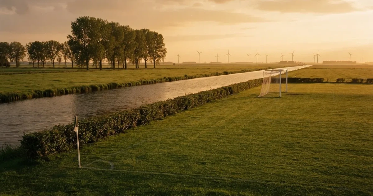 Ein Fussballplatz neben einem Kanal in flachem Land mit Windrädern am Horizont, Abendlicht liegt über dem Rasen