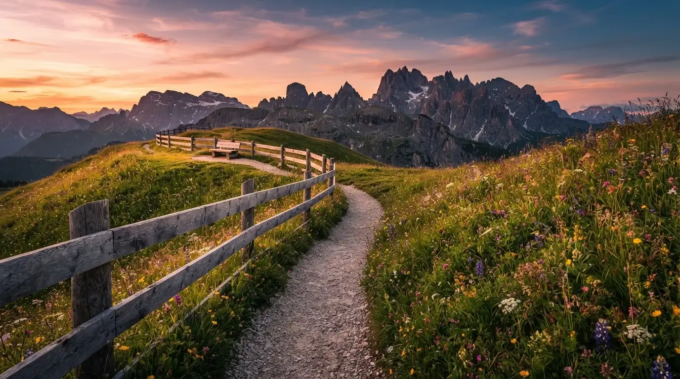 Ein Wanderweg führt durch eine Almwiese im Sonnenuntergang, am Wegrand steht ein Holzzaun