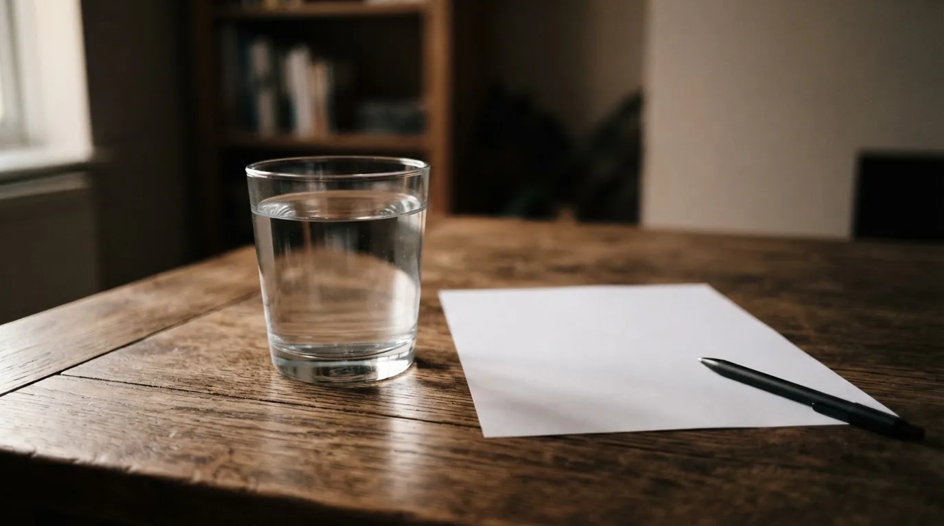 Ein Glas steht bis zum Rand gefüllt auf einem Holztisch, daneben ein Kugelschreiber und ein leeres Blatt Papier im Seitenlicht.