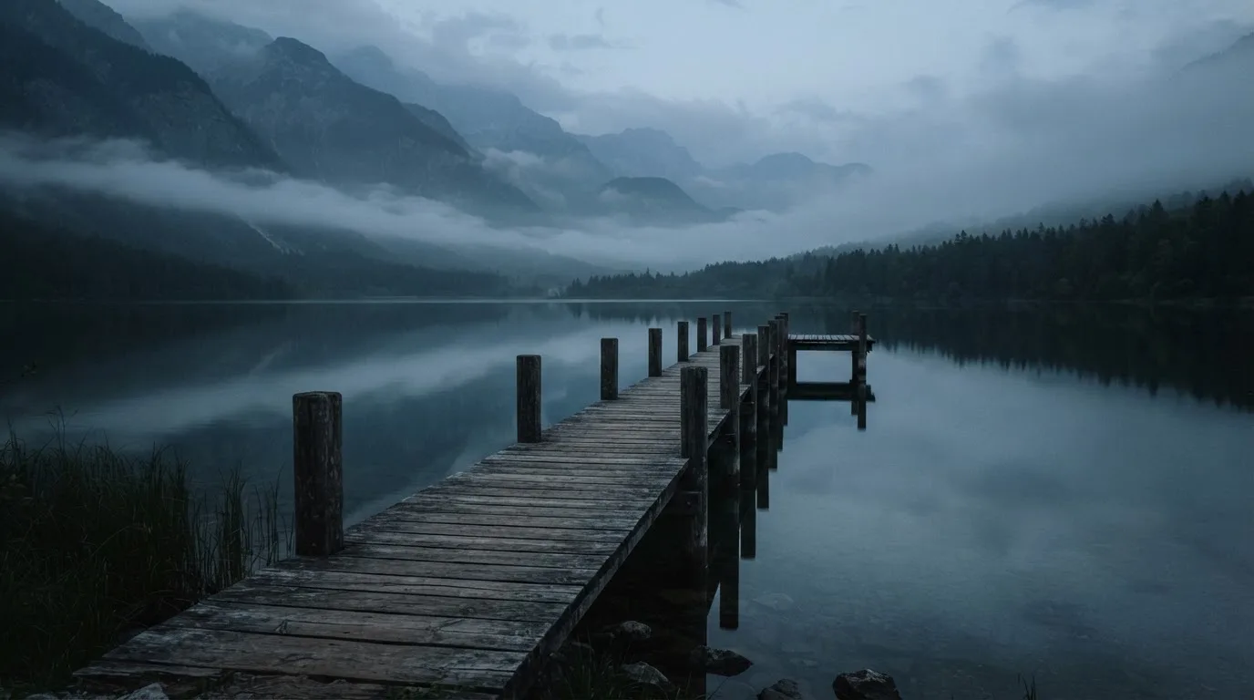Ein Bergsee in der Dämmerung mit einem leeren Holzsteg, die Wasseroberfläche ist ruhig und Nebel zieht über die Hänge.