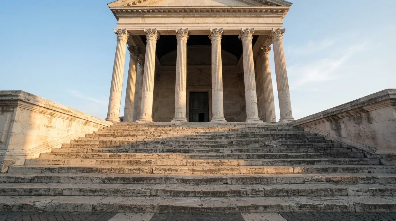Eine steinerne Treppe führt zu einem Portal mit Säulen im Morgenlicht, der Platz davor ist leer.