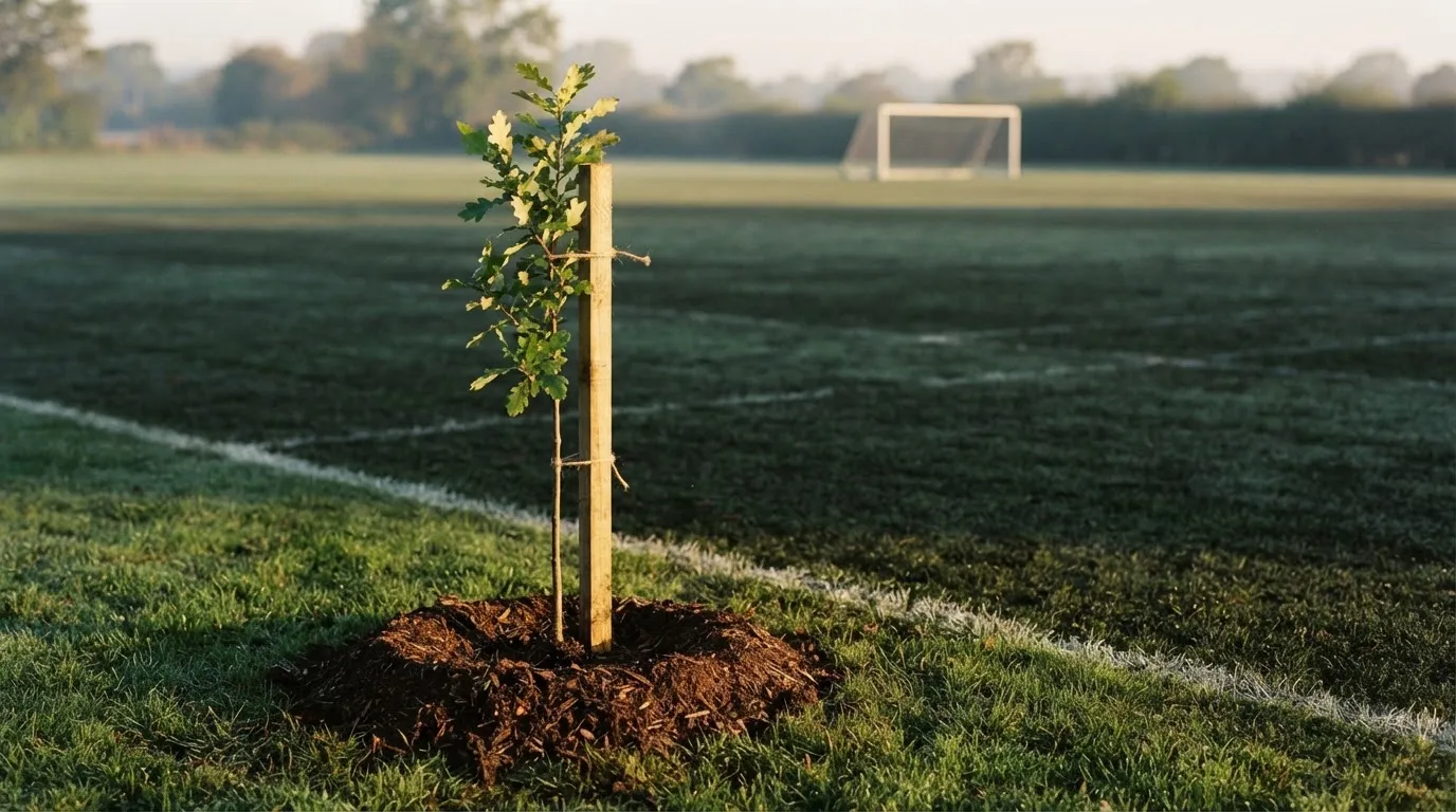 Ein junges, frisch gepflanztes Bäumchen mit Stützpfahl steht an der Seitenlinie eines Trainingsplatzes im Morgenlicht.