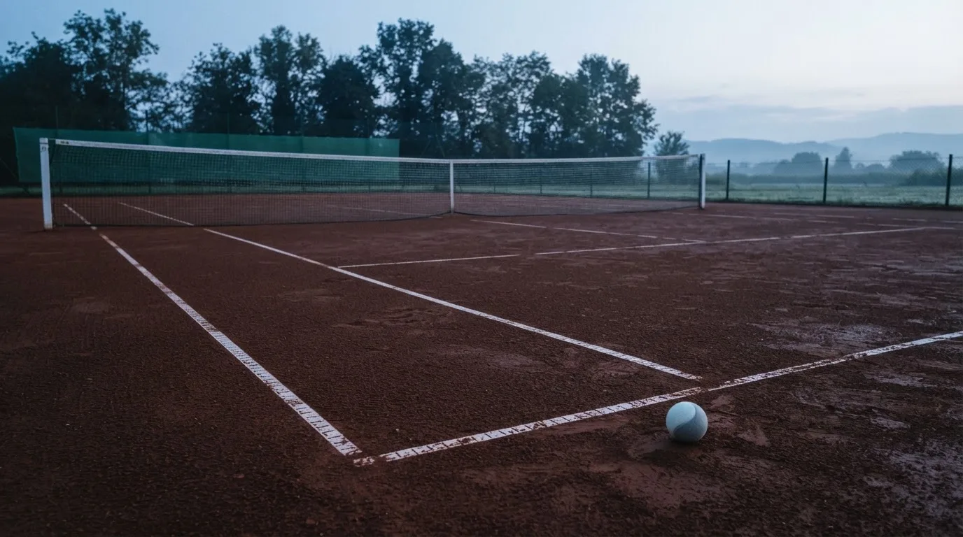 Ein Tennisplatz mit rotem Sandbelag liegt bei Tagesanbruch menschenleer da, am Netz hängt der Tau.