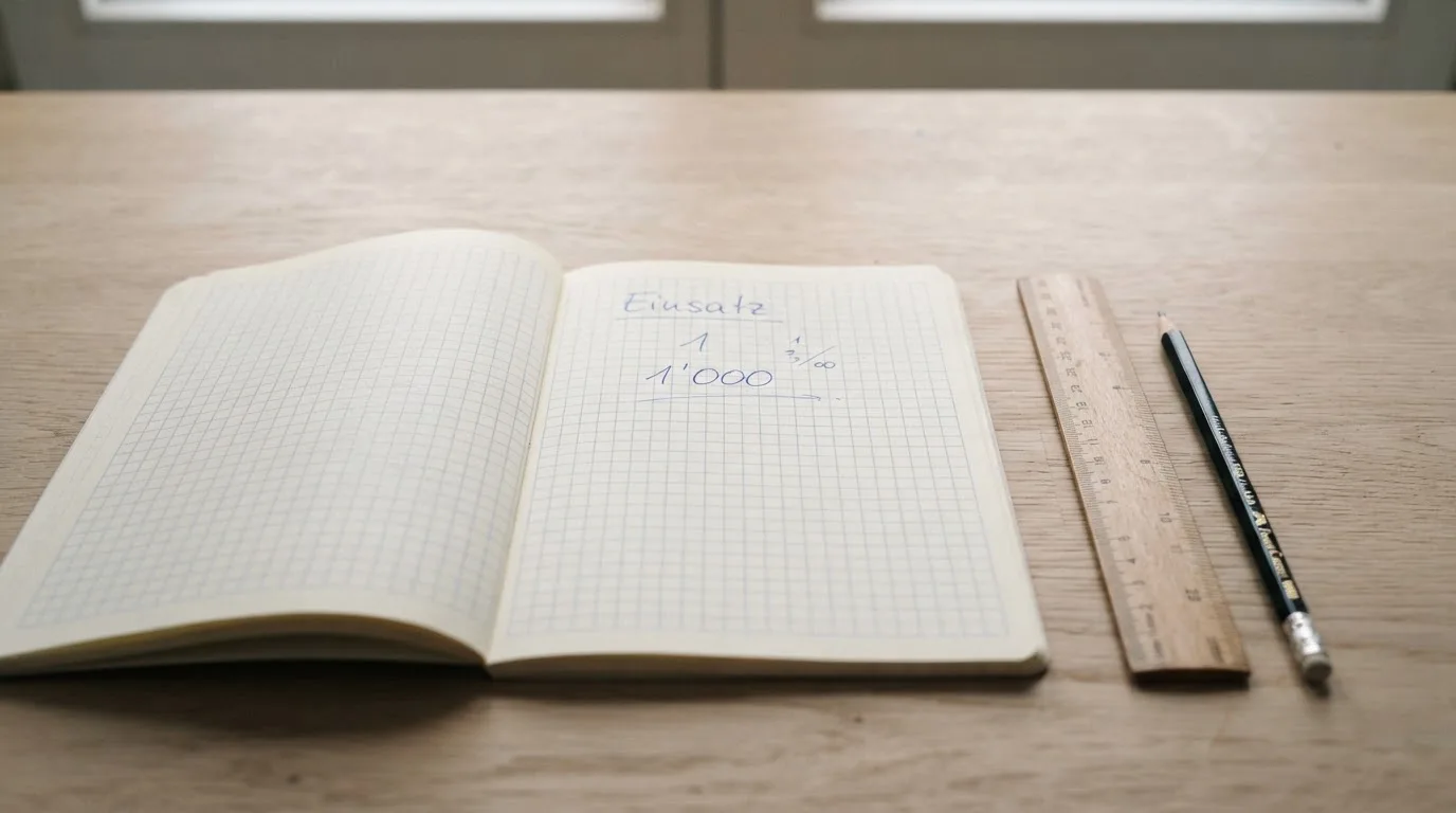 Ein Notizblock mit Karomuster, ein Lineal und ein gespitzter Bleistift liegen auf einem Schreibtisch.