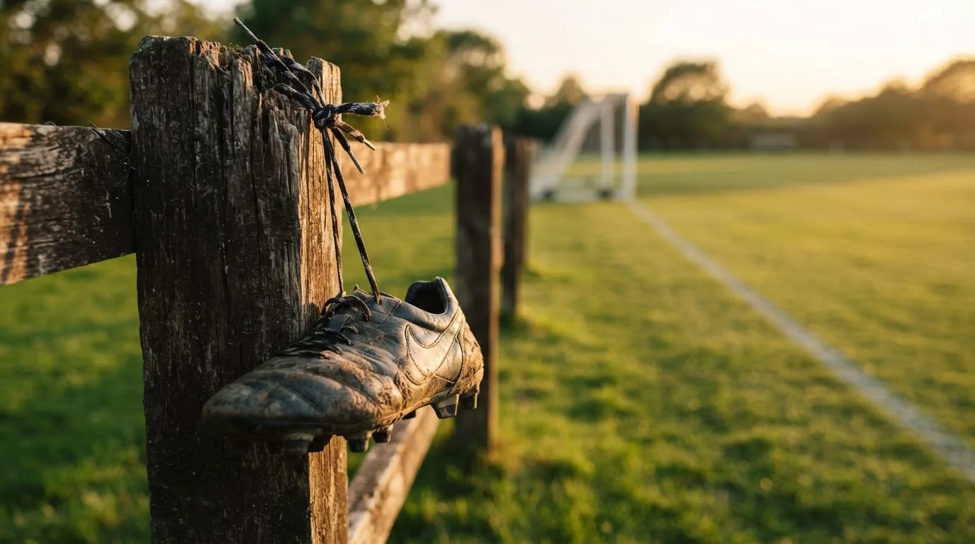 Ein Fussballschuh hängt an den Schnürsenkeln an einem Zaunpfosten neben einem Trainingsplatz im Abendlicht.