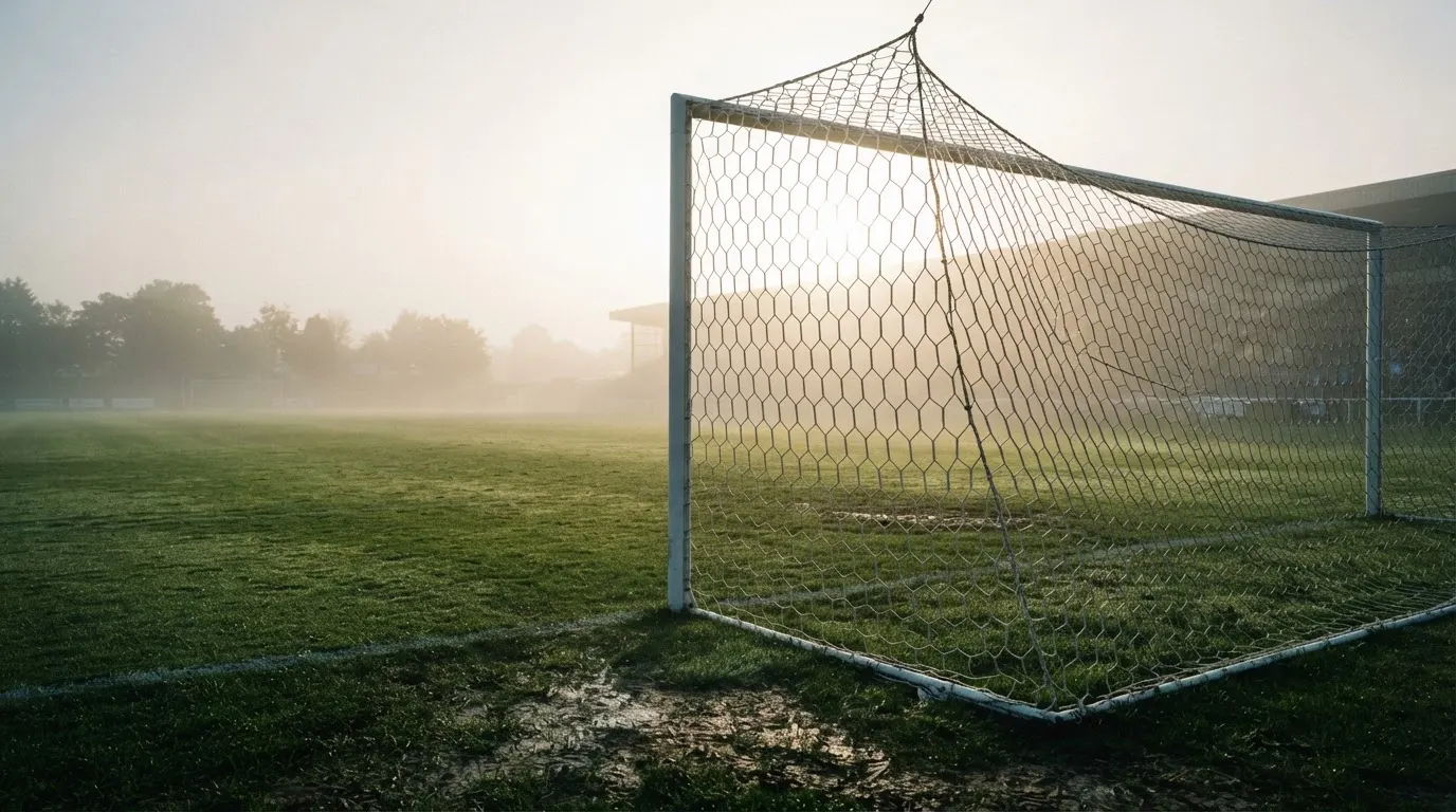 Ein Torpfosten mit Netz steht im Gegenlicht auf einem leeren Fussballplatz, über dem Rasen liegt Nebel.