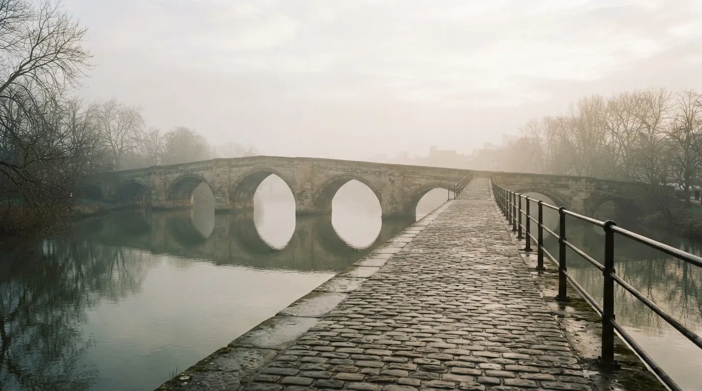Eine Steinbrücke führt im Frühnebel über einen Fluss, auf dem Fussweg ist niemand zu sehen.